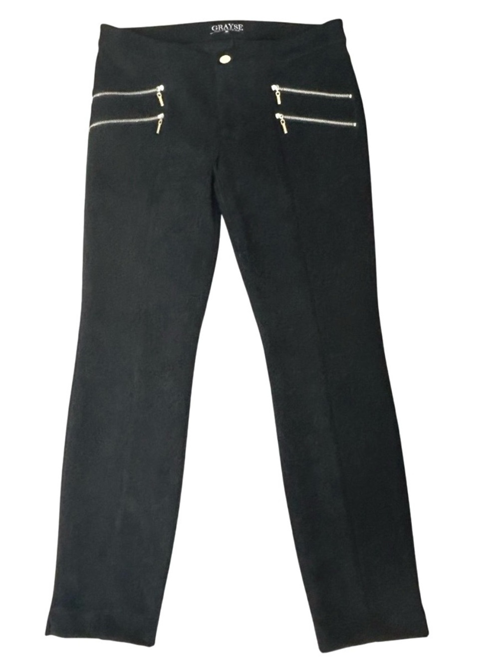 Grayse Kelly & Marie Gray Black Suede Straight Leg Pant Front Gold Zipper‎ Sz M